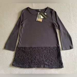 Campanello Women’s Medium Black Tunic Top Lace Hem Layered Cut & Sewn Style